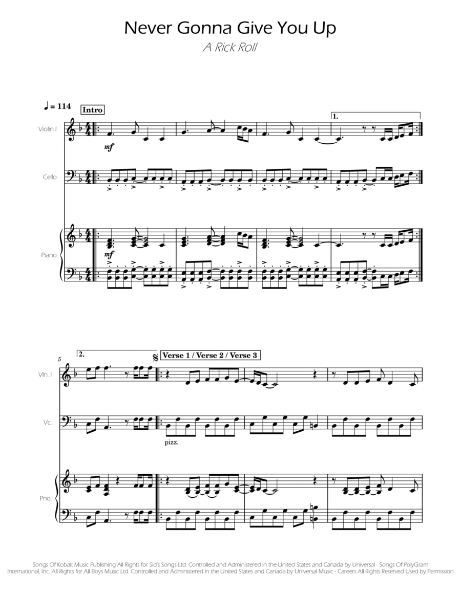 Never Gonna Give You Up Never Gonna Give You Up Piano Trio scores gallery preview page 1