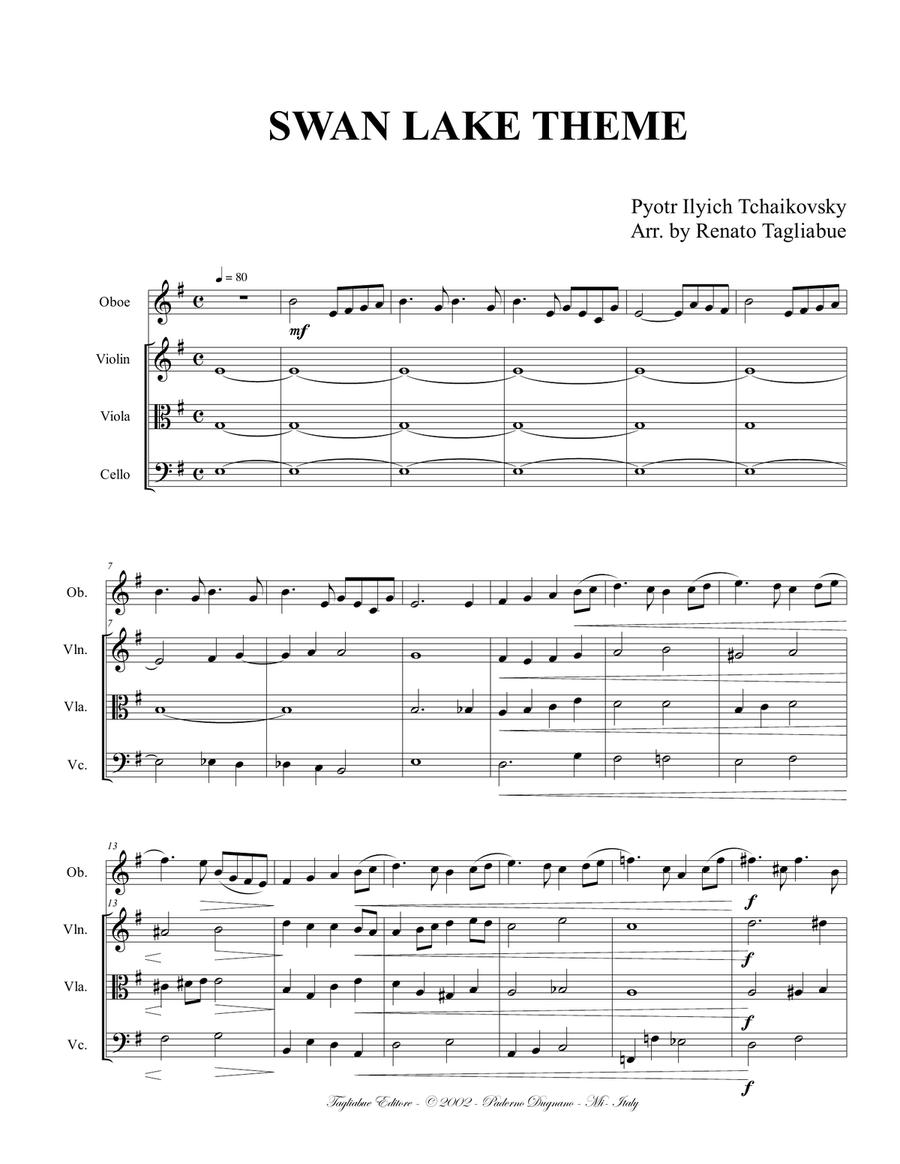 SWAN LAKE THEME - Tchaikovsky - Arr. for Oboe and String Trio Small Ensemble scores gallery preview page 2