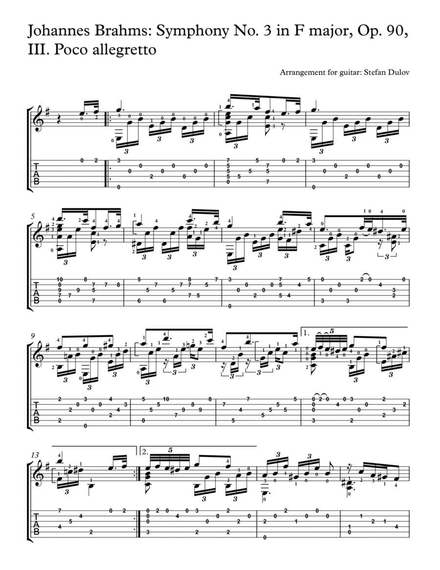 Symphony No. 3 in F major, Op. 90, III. Poco allegretto Acoustic Guitar scores gallery preview page 1