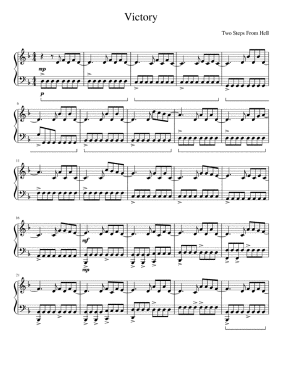 Victory -Two Steps From Hell - Piano Arrangement - Intermediate Difficulty Piano Solo scores gallery preview page 1