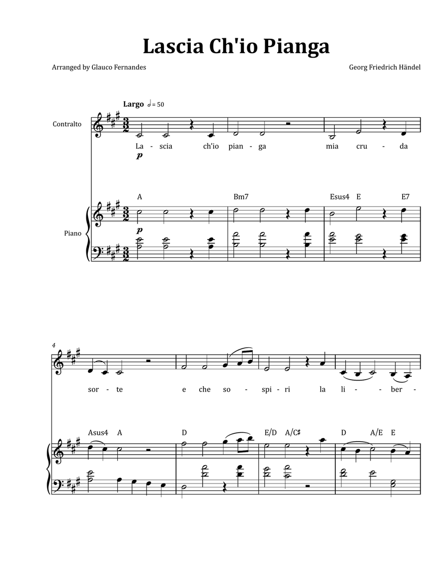 Lascia Ch'io Pianga by Händel - Contralto & Piano in A Major with Chord Notation Chamber Music scores gallery preview page 1