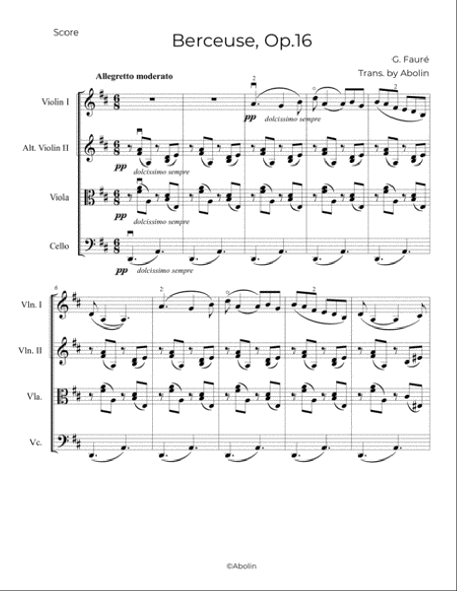 Fauré: Berceuse, Op.16 - String Trio, or 2 Violins and Cello String Trio scores gallery preview page 2