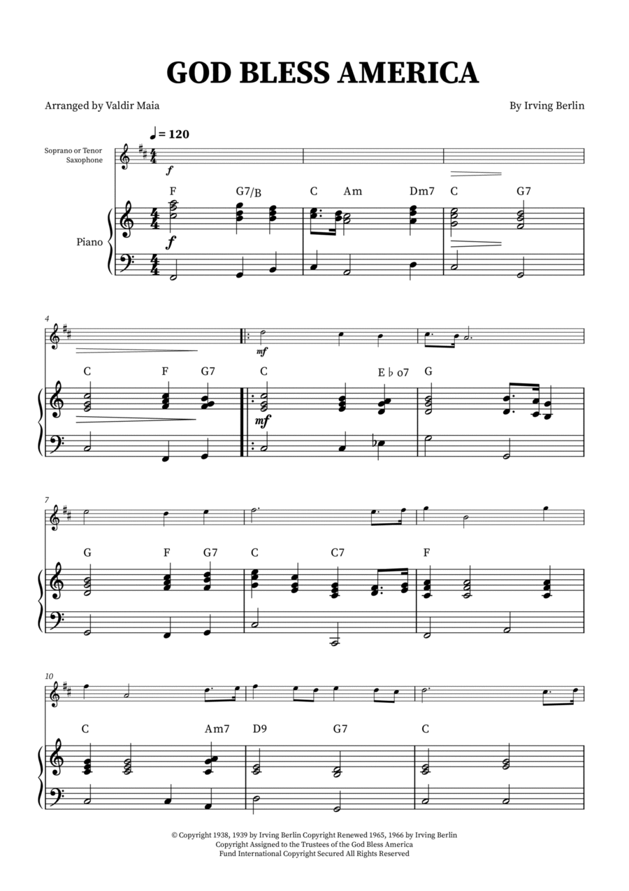 God Bless America ® Tenor Saxophone scores gallery preview page 1