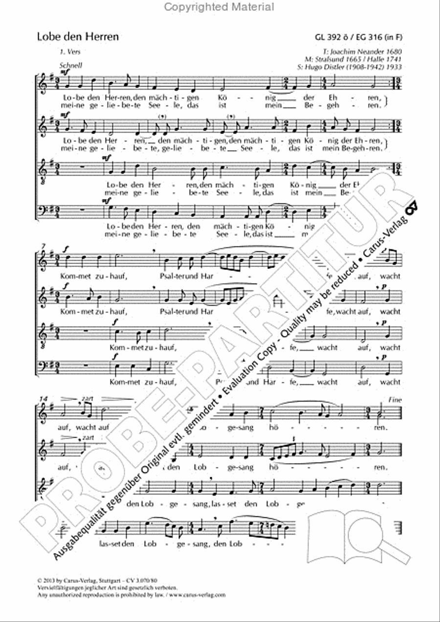 Praise to the Lord (Lobe den Herren) 4-Part scores gallery preview page 2