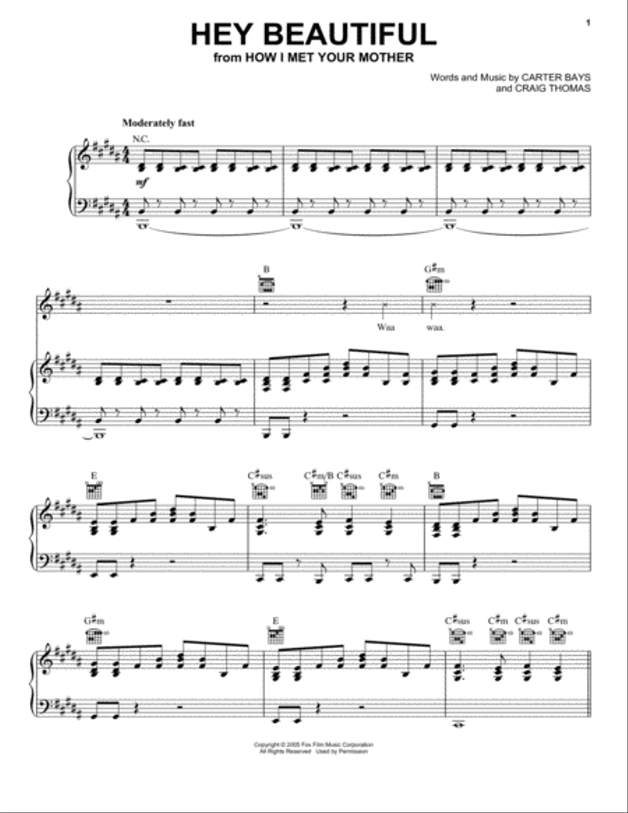 Hey Beautiful (from How I Met Your Mother) Piano, Vocal, Guitar scores gallery preview page 1