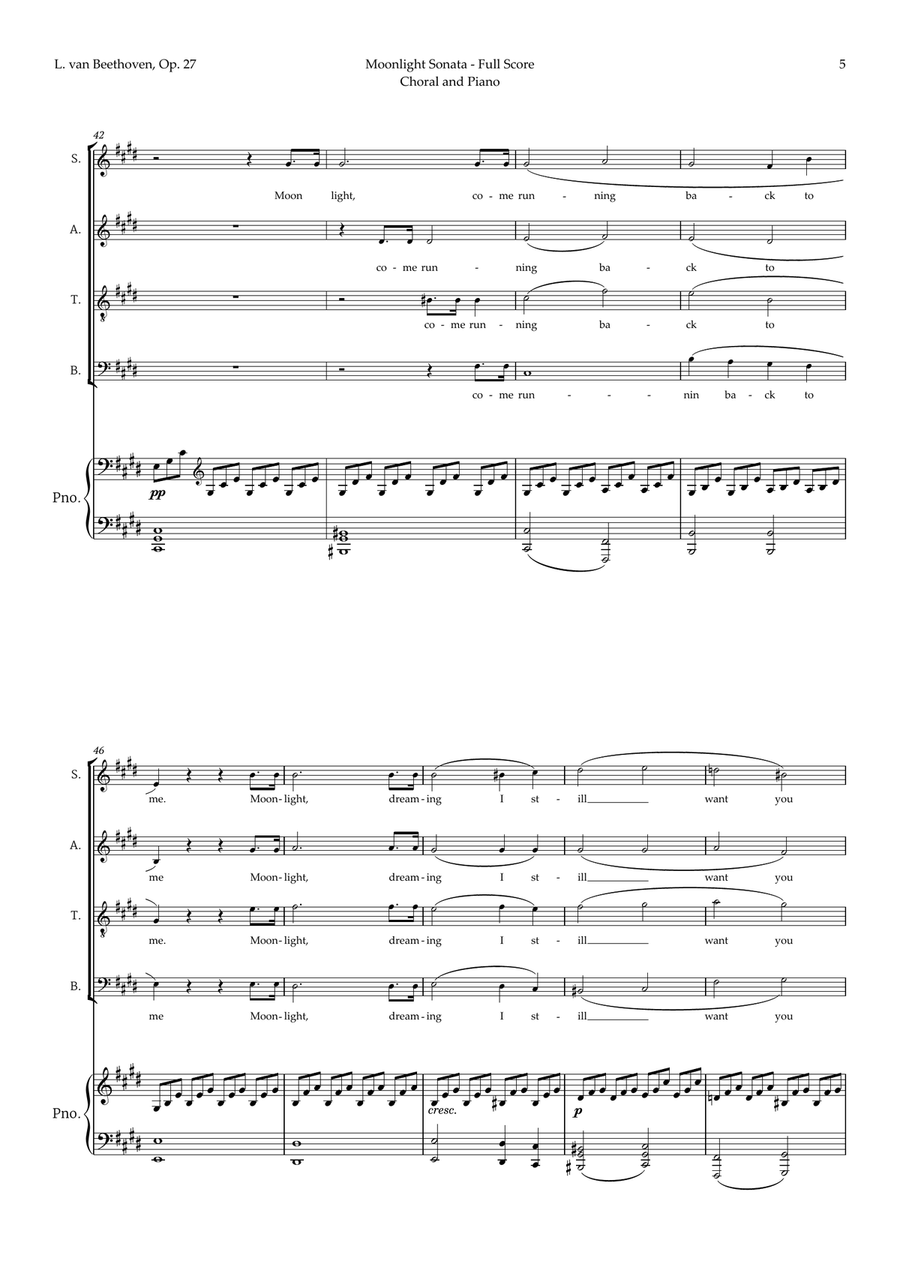 Moonlight Sonata by Beethoven for Choral and Piano 4-Part scores gallery preview page 6