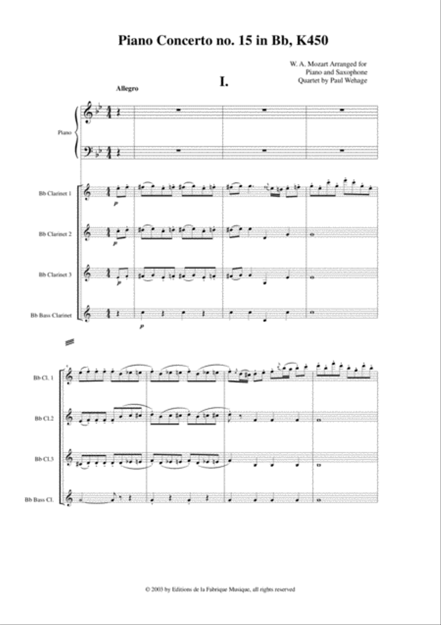Wolfgang Amadeus Mozart: Piano Concerto no. 15 in Bb K 450, arranged for piano solo and 3 Bb clarin Woodwind Quartet scores gallery preview page 2