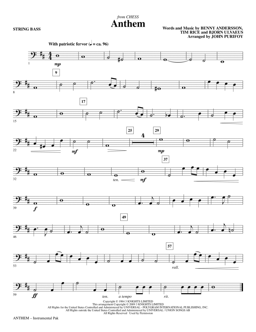 Anthem (from Chess) - String Bass Choir scores gallery preview page 1