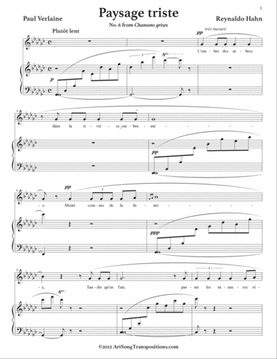 HAHN: Paysage triste (transposed to G-flat major) Voice scores gallery preview page 2