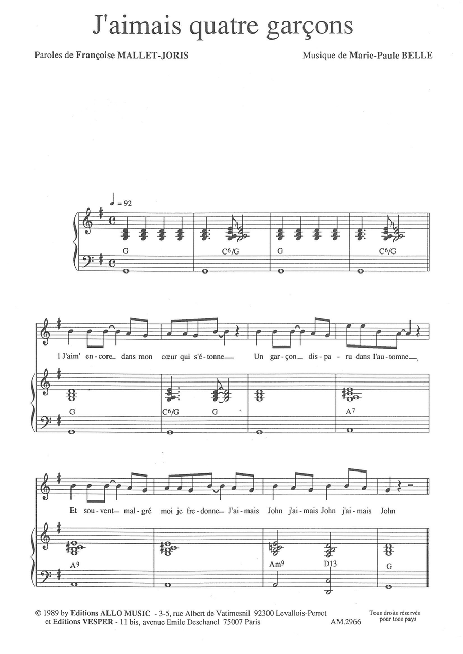 J'aimais Quatre Garçons Piano, Vocal scores gallery preview page 1