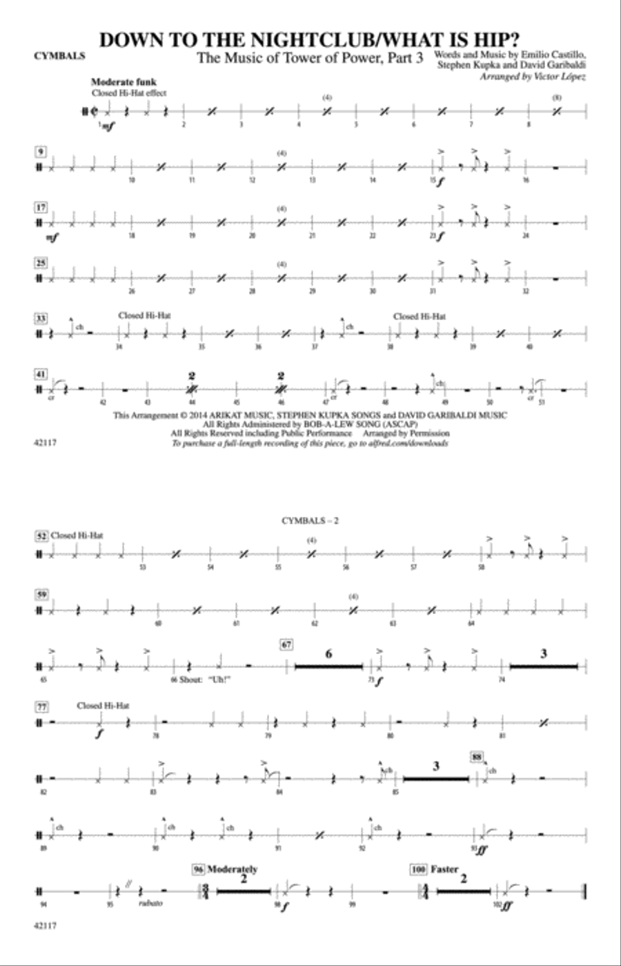 Down to the Nightclub / What Is Hip?: Cymbals Marching Band scores gallery preview page 1