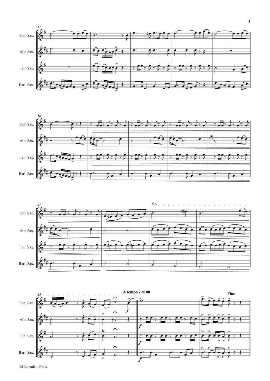 El Condor pasa - Peruvian Folk Song - Saxophone Quartet Saxophone Quartet scores gallery preview page 3