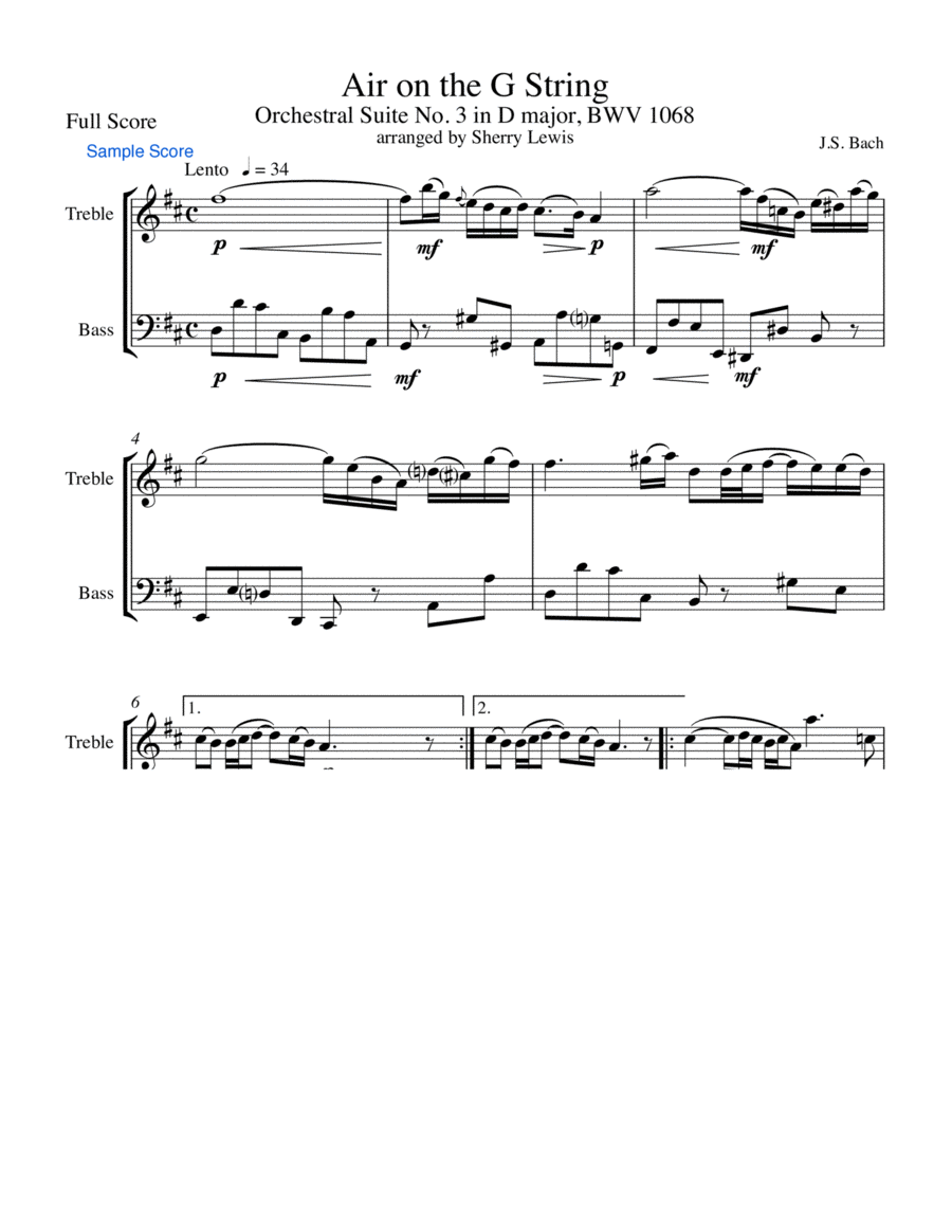 AIR ON THE G STRING Intermediate Level for Duo for any treble instrument and one bass instrument of image number null