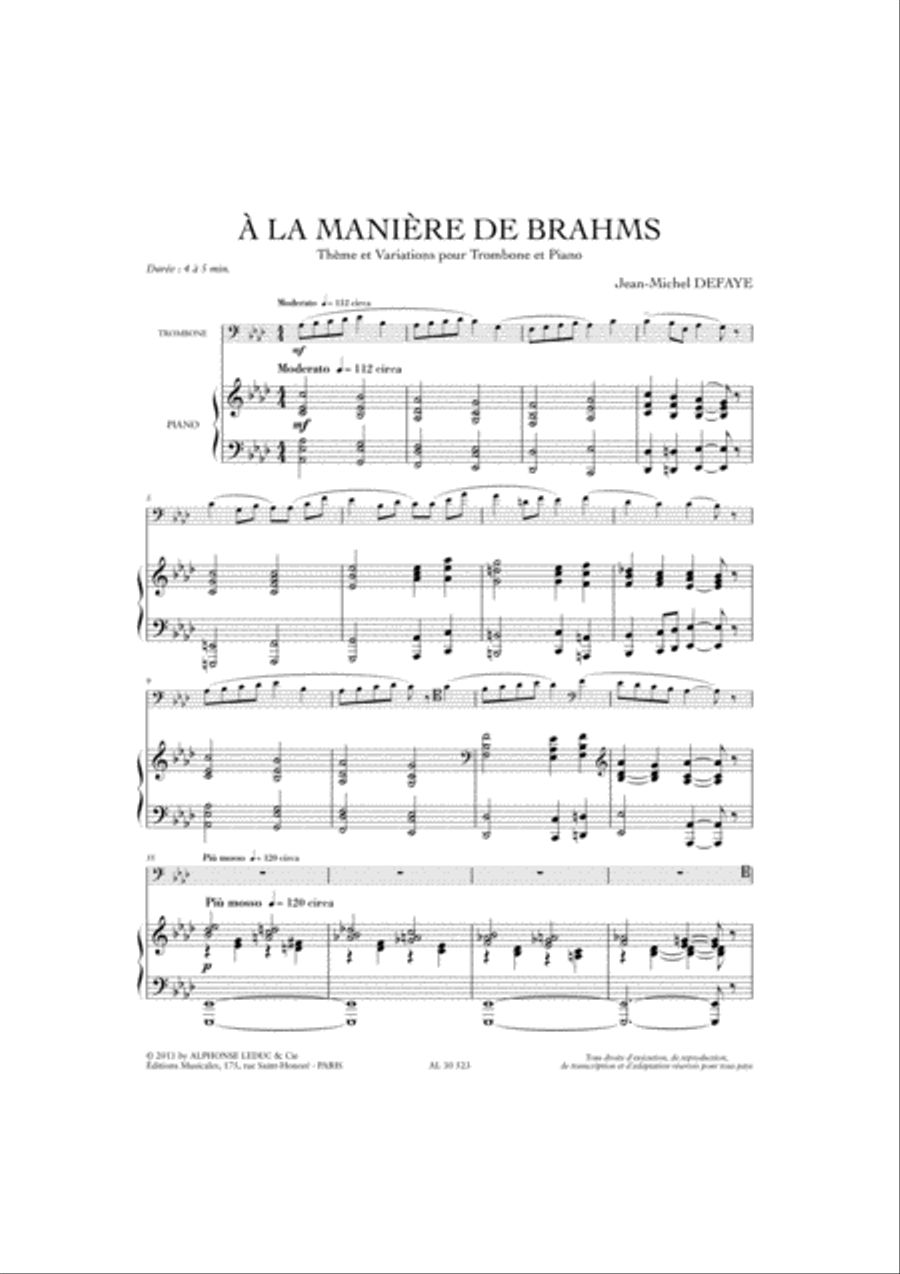 A La Maniere De Brahms (4' A 5') Theme Et Variations Pour Trombone Et Piano Piano scores gallery preview page 2