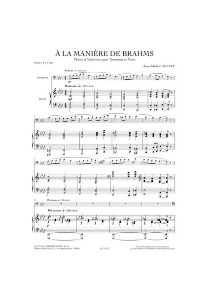 A La Maniere De Brahms (4' A 5') Theme Et Variations Pour Trombone Et Piano