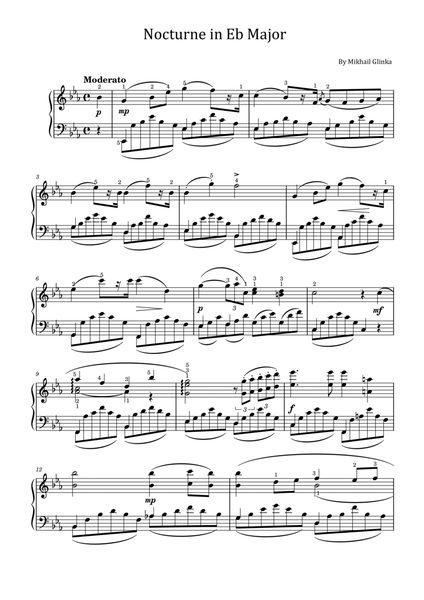 Nocturne in Eb Major – Mikhail Glinka - Original With Fingered - For Piano Solo image number null