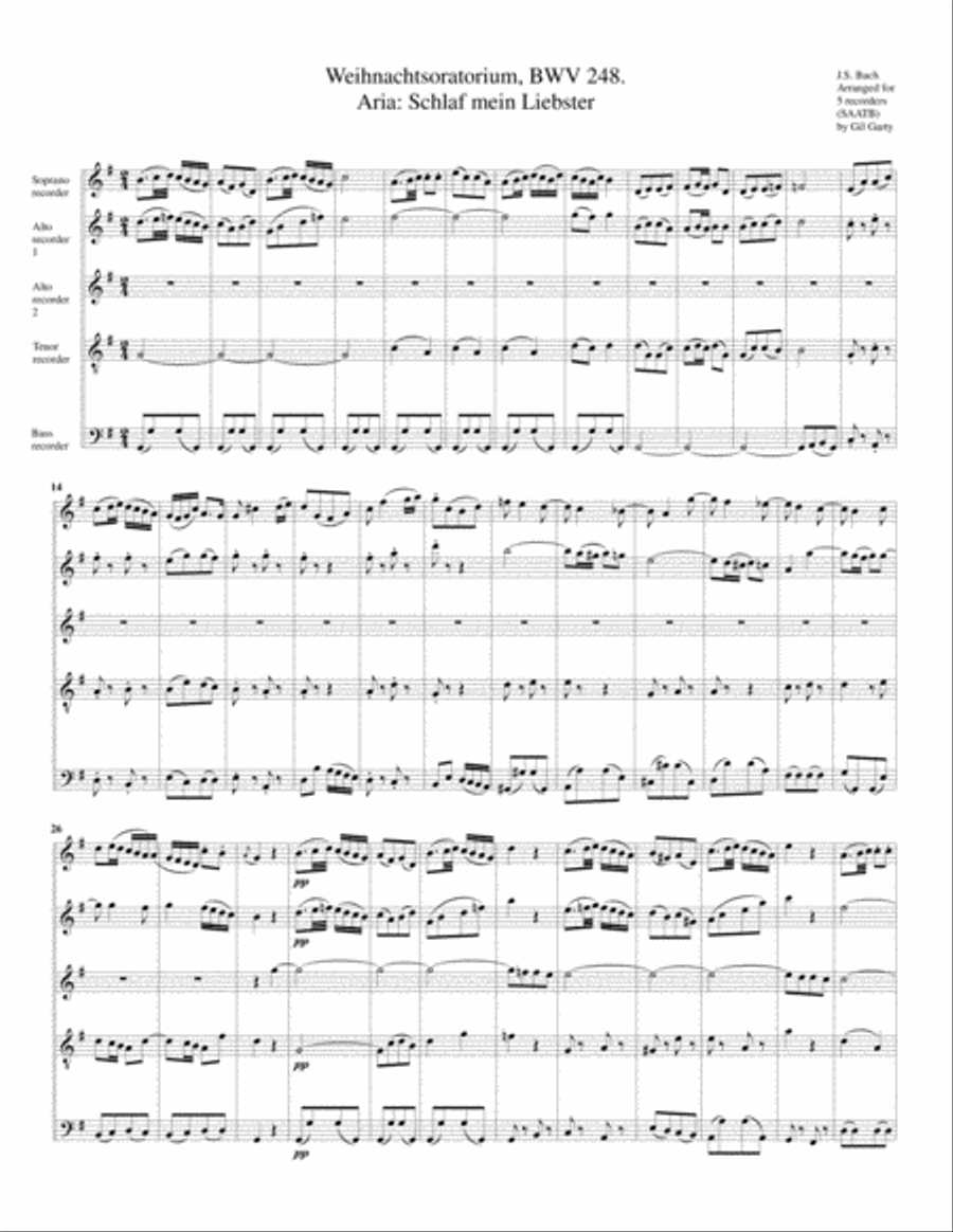 Aria: Schlaf mein Liebster from Weihnachtsoratorium (Christmas oratorio) BWV 248 (arrangement for 5 Small Ensemble scores gallery preview page 1