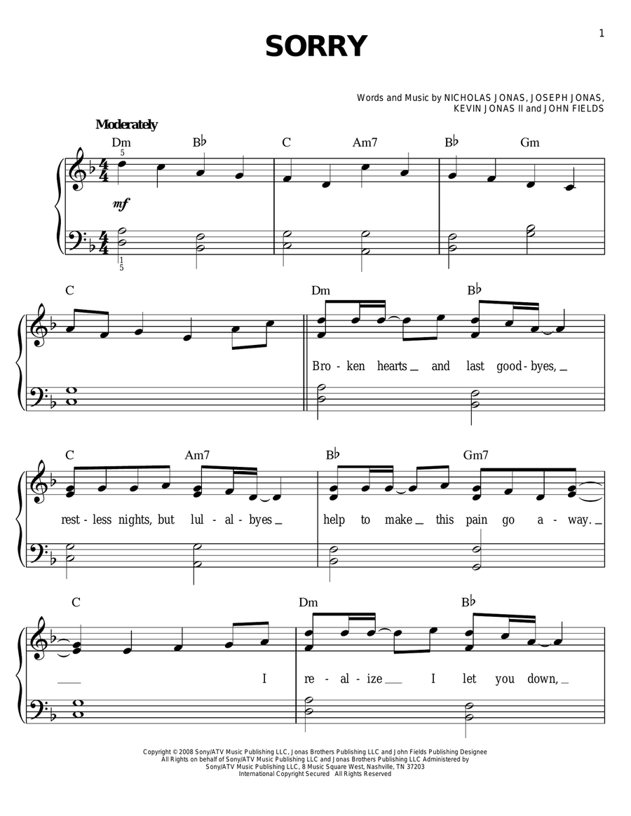 Sorry Easy Piano scores gallery preview page 1