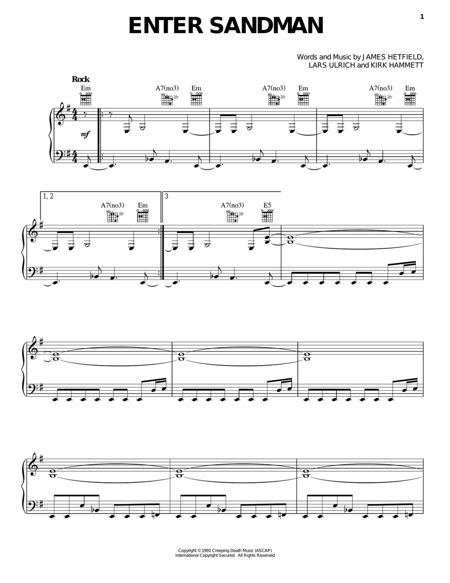 Enter Sandman Piano, Vocal, Guitar scores gallery preview page 1