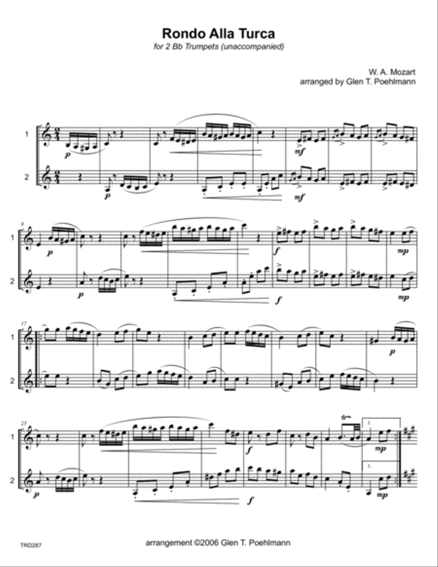 RONDO ALLA TURCA (Mozart) arranged for TRUMPET DUET (unaccompanied) Trumpet Duet scores gallery preview page 1