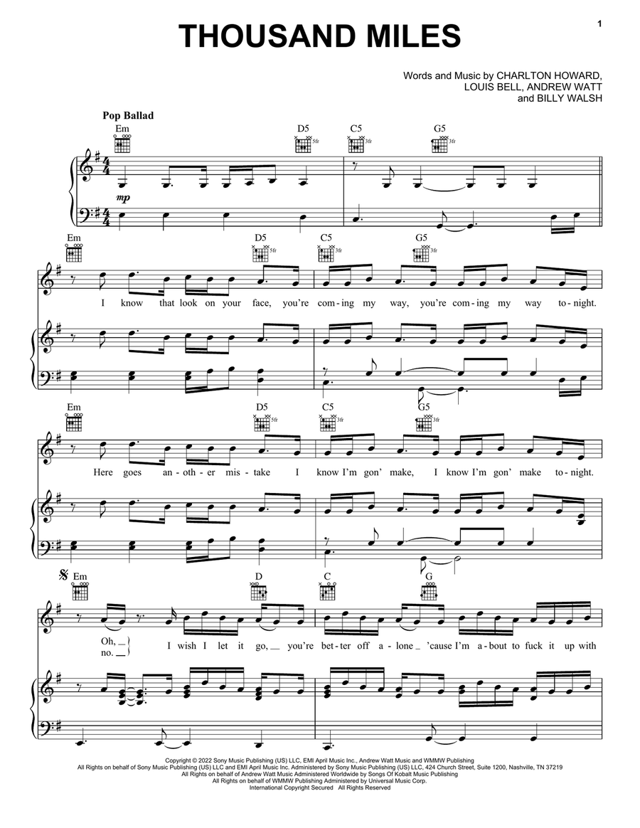 Thousand Miles Piano, Vocal, Guitar scores gallery preview page 1