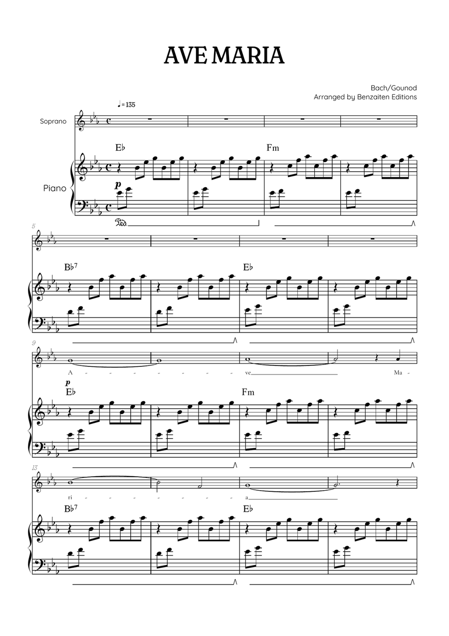Bach / Gounod Ave Maria in E flat [Eb] • soprano sheet music with piano accompaniment and chords Soprano Voice scores gallery preview page 1