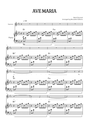 Bach / Gounod Ave Maria in E flat [Eb] • soprano sheet music with piano accompaniment and chords