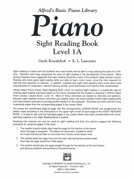 Alfred's Basic Piano Course Sight Reading, Level 1A
