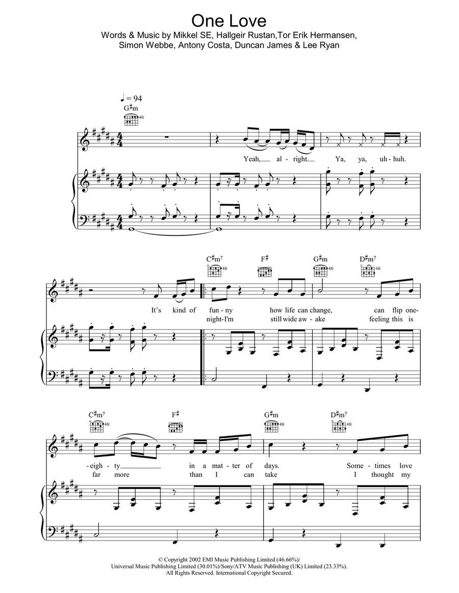 One Love One Love Piano, Vocal, Guitar scores gallery preview page 1