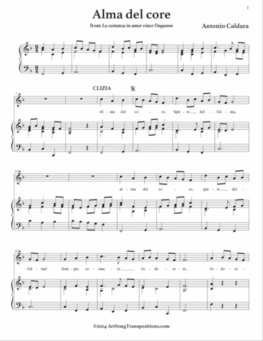 CALDARA: Alma del core (transposed to F major) Voice scores gallery preview page 2