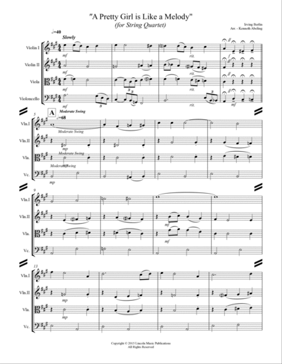 A Pretty Girl is Like a Melody (for String Quartet) String Quartet scores gallery preview page 2