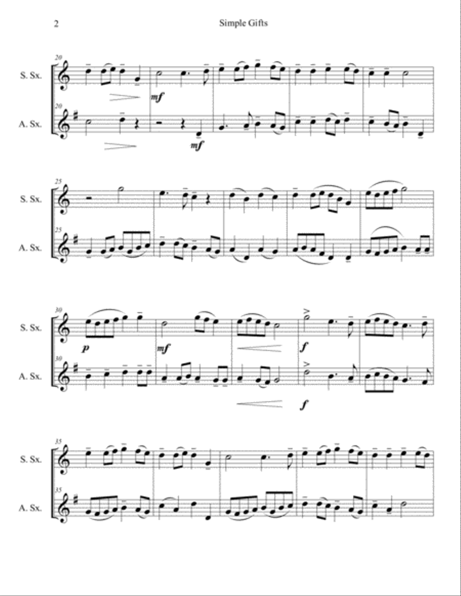 Simple Gifts for Soprano and Alto Saxophone Simple Gifts for Soprano and Alto Saxophone Woodwind Duet scores gallery preview page 2