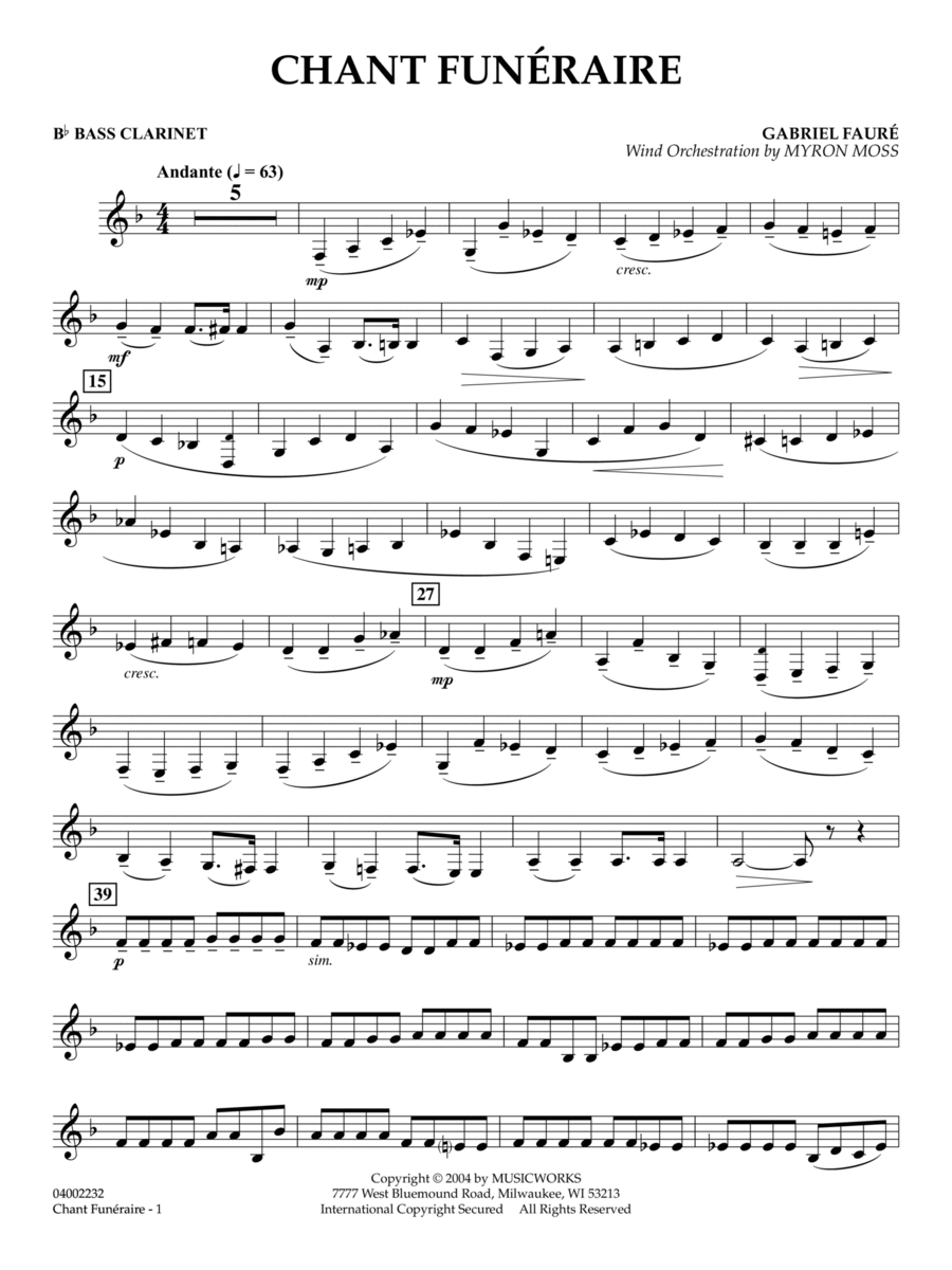 Chant Funeraire (arr. Myron Moss) - Bb Bass Clarinet Concert Band scores gallery preview page 1