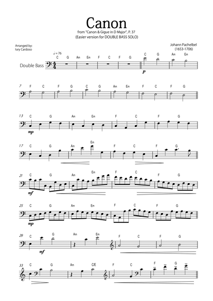 "Canon" by Pachelbel - EASY version for DOUBLE BASS SOLO. image number null