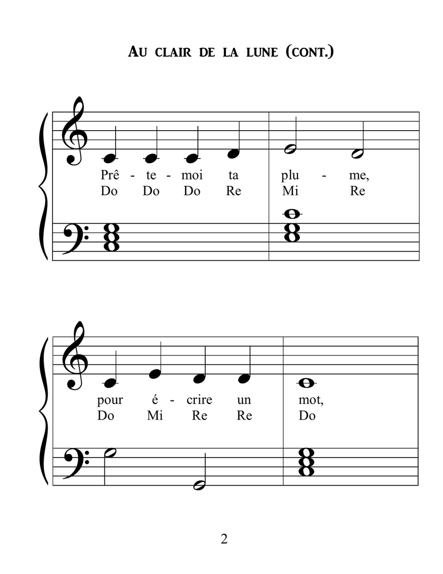 Au clair de la lune (standard notation) Piano, Vocal scores gallery preview page 2