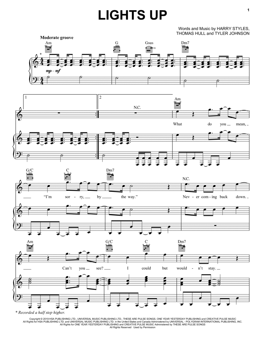 Lights Up Piano, Vocal, Guitar scores gallery preview page 1