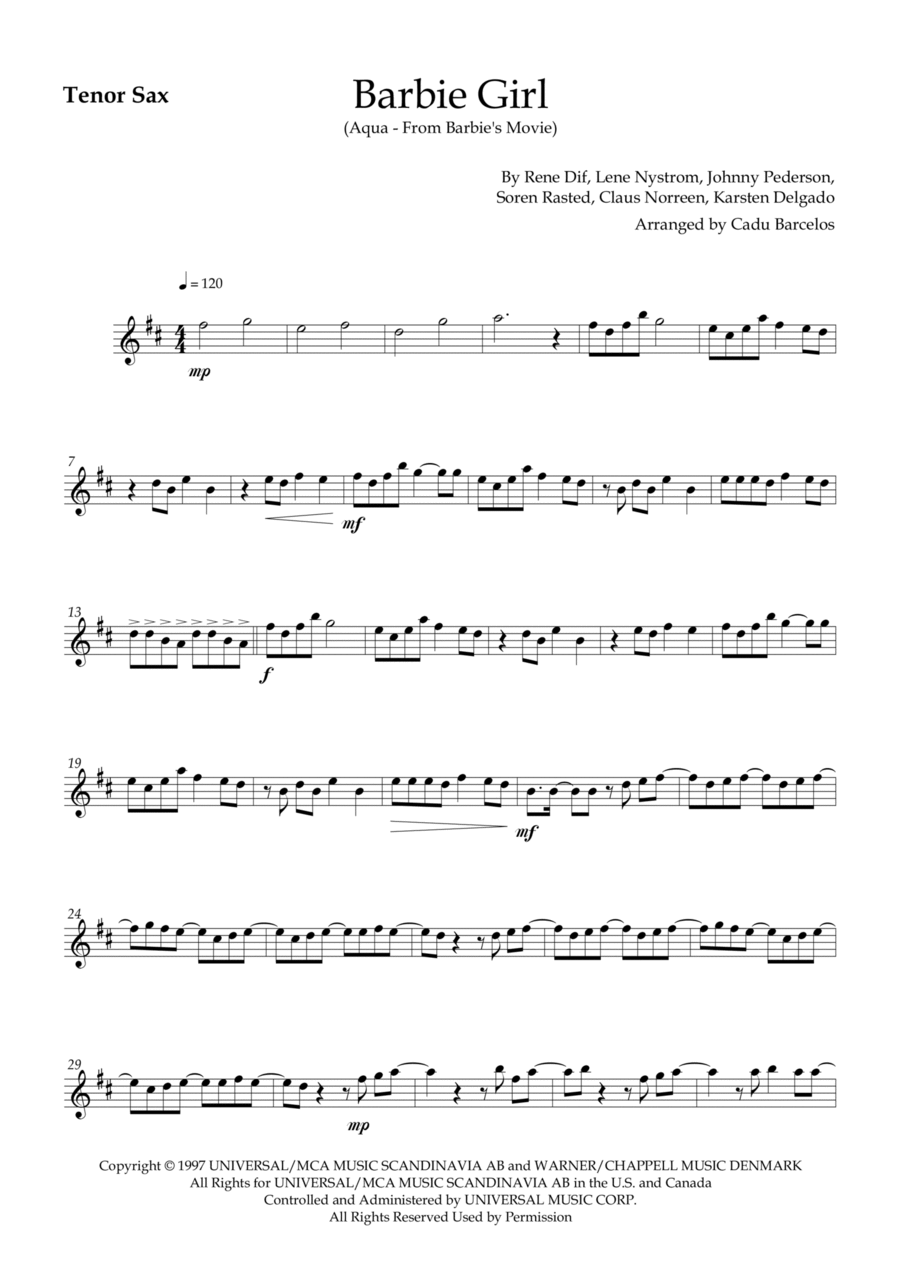 Barbie Girl Tenor Saxophone scores gallery preview page 1