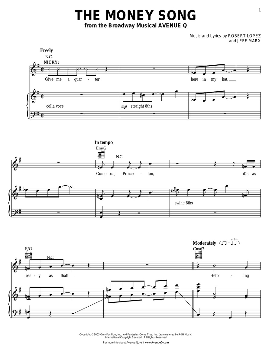 The Money Song (from Avenue Q) Piano, Vocal, Guitar scores gallery preview page 1