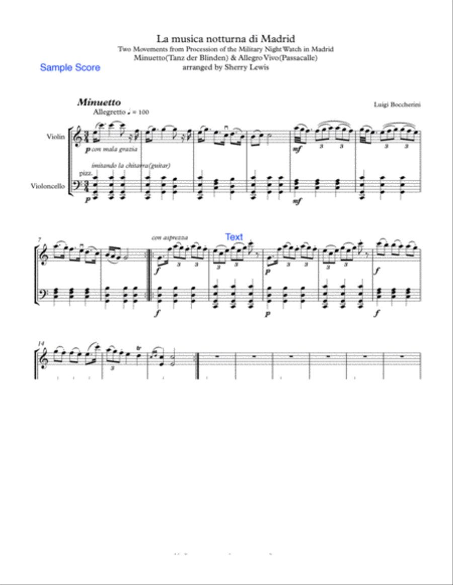 La musica notturna di Madrid - Minuetto (Tanz der Blinden) & Allegro Vivo (Passacalle) for String D String Duet scores gallery preview page 3