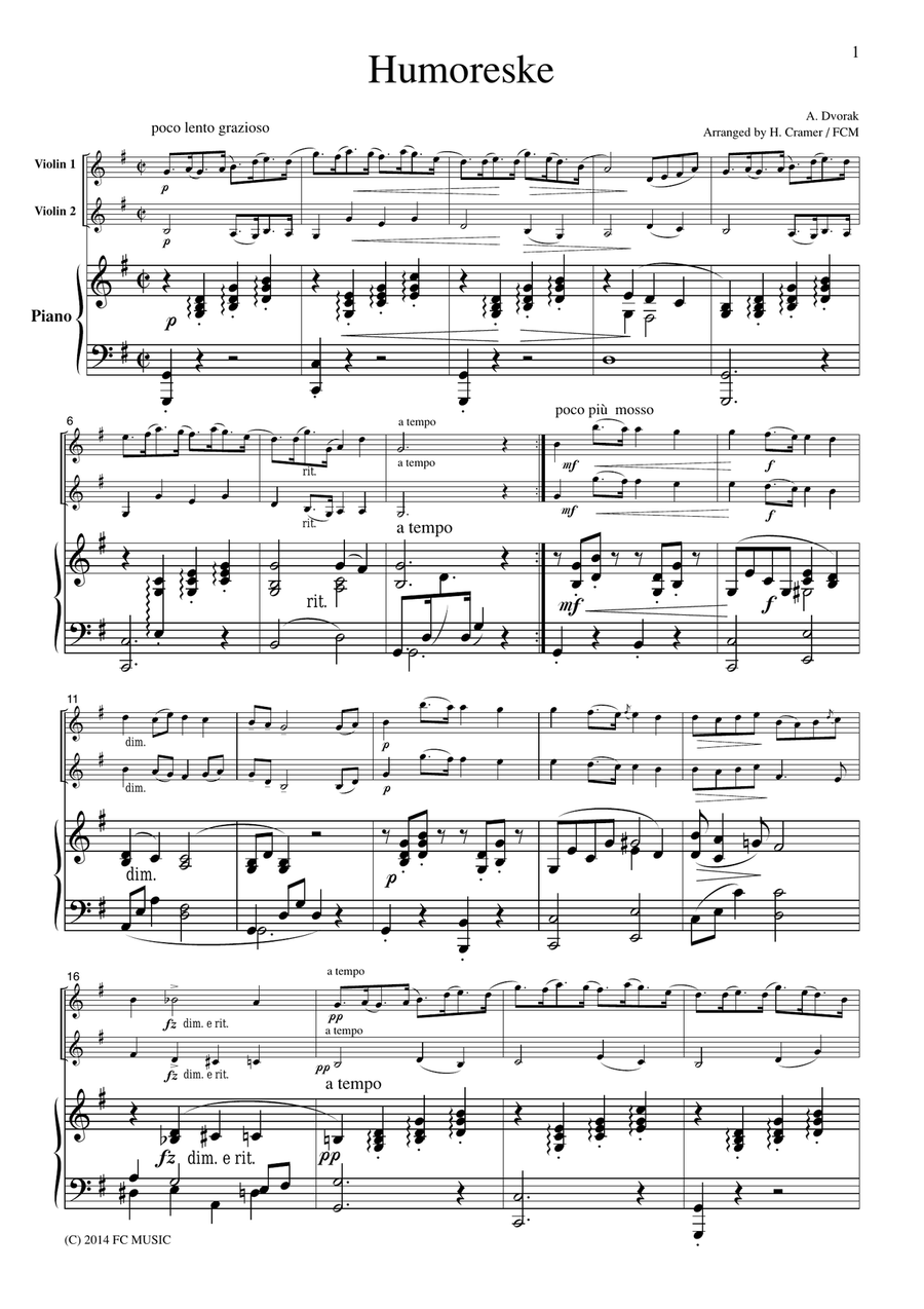 Dvorak Humoreske, for 2 Violins & Piano, VN211 Violin Solo scores gallery preview page 1