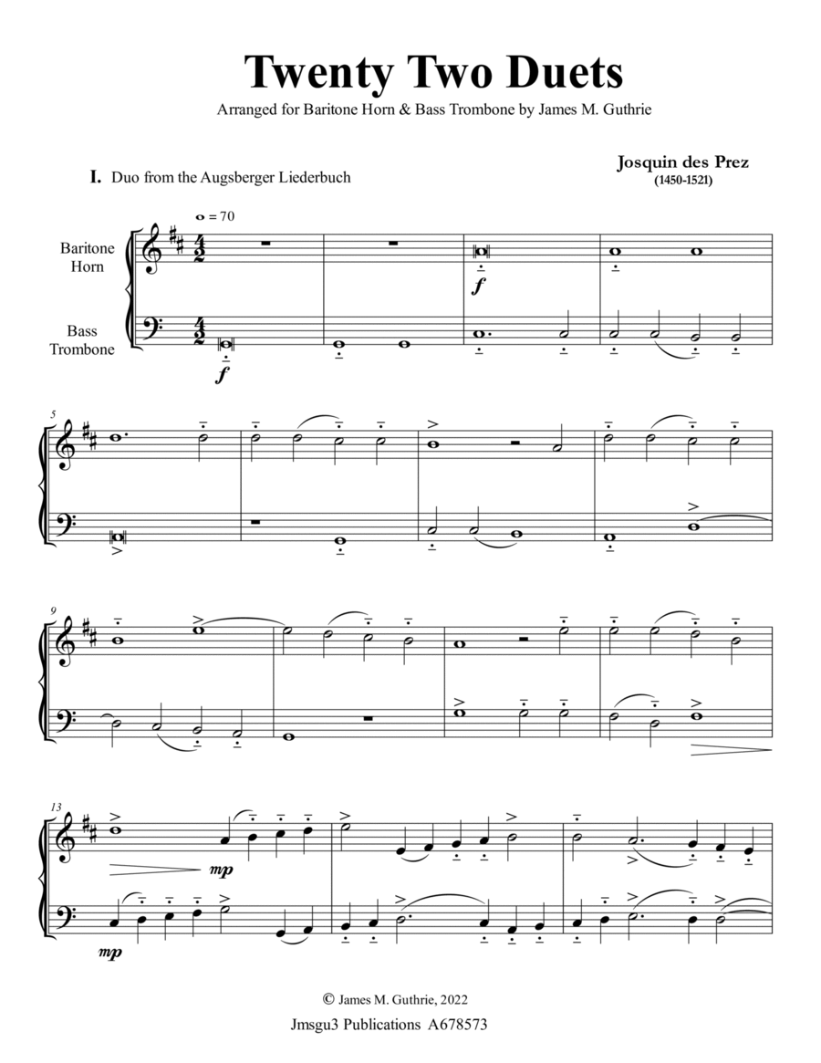 Josquin: 22 Duets for Baritone Horn & Bass Trombone Brass Duet scores gallery preview page 1