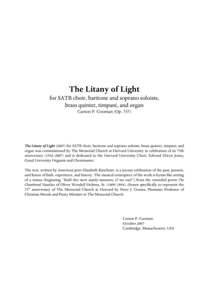 Book cover for Carson Cooman - The Litany of Light (2007) for SATB choir, baritone and soprano soloists, brass quin