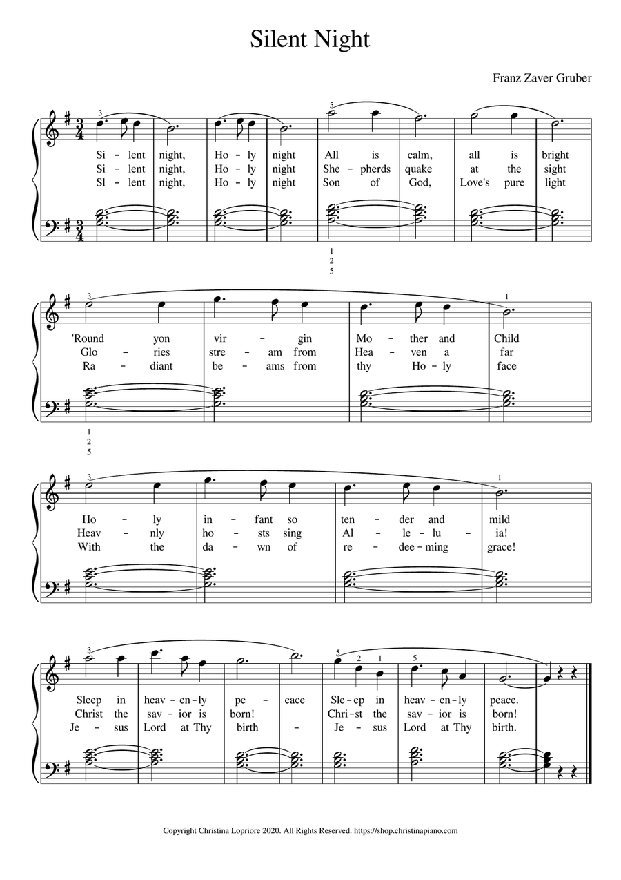 Silent Night Easy Piano Sheet Music Download with Lyrics in G Major Easy Piano scores gallery preview page 1