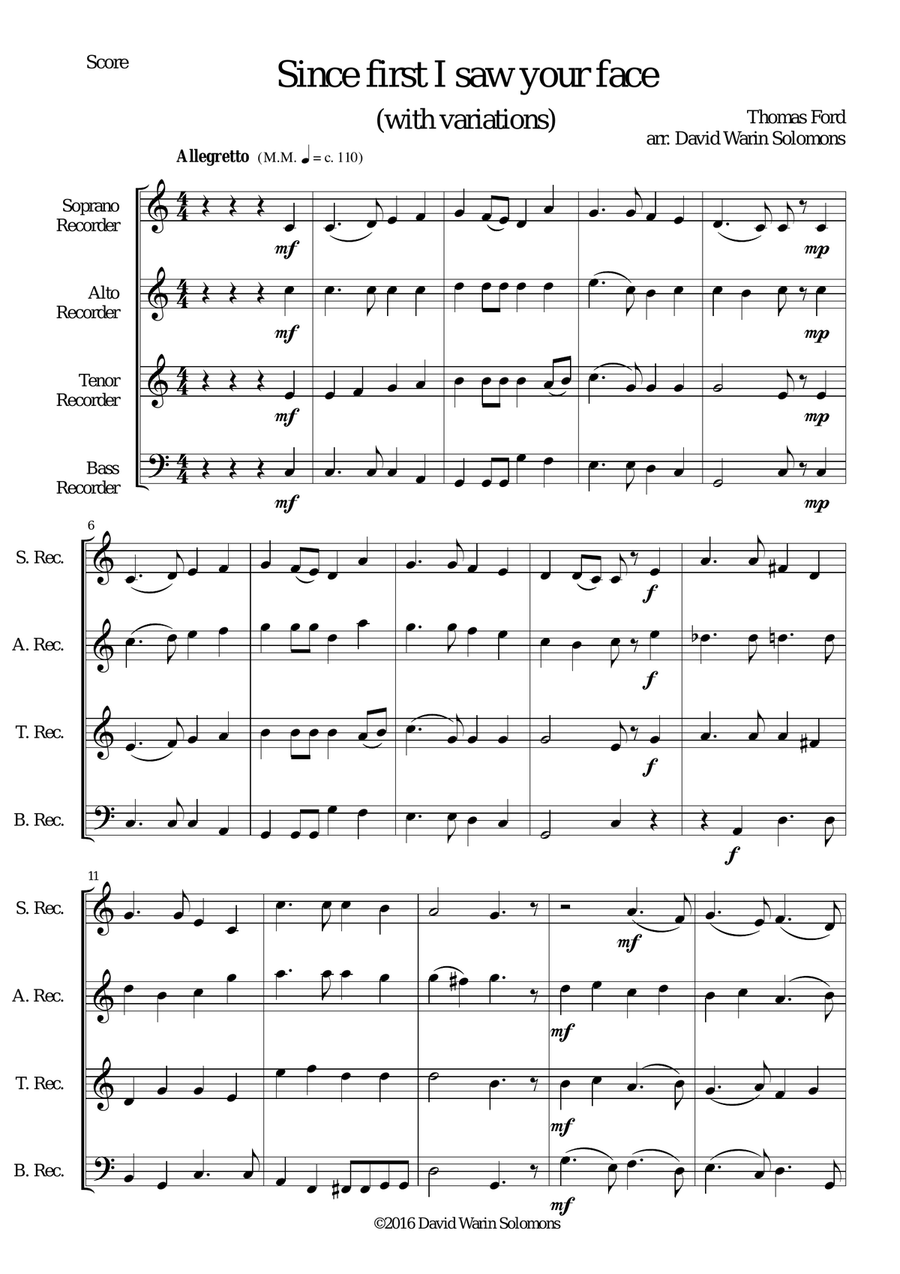 Since first I saw your face (with variations) for recorder quartet Soprano Recorder scores gallery preview page 1