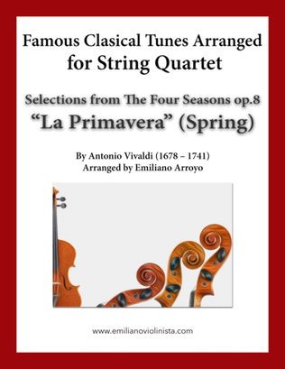 Book cover for Spring Excerpts from The Four Seasons Op.8 by Antonio Vivaldi for string quartet (wedding ready)