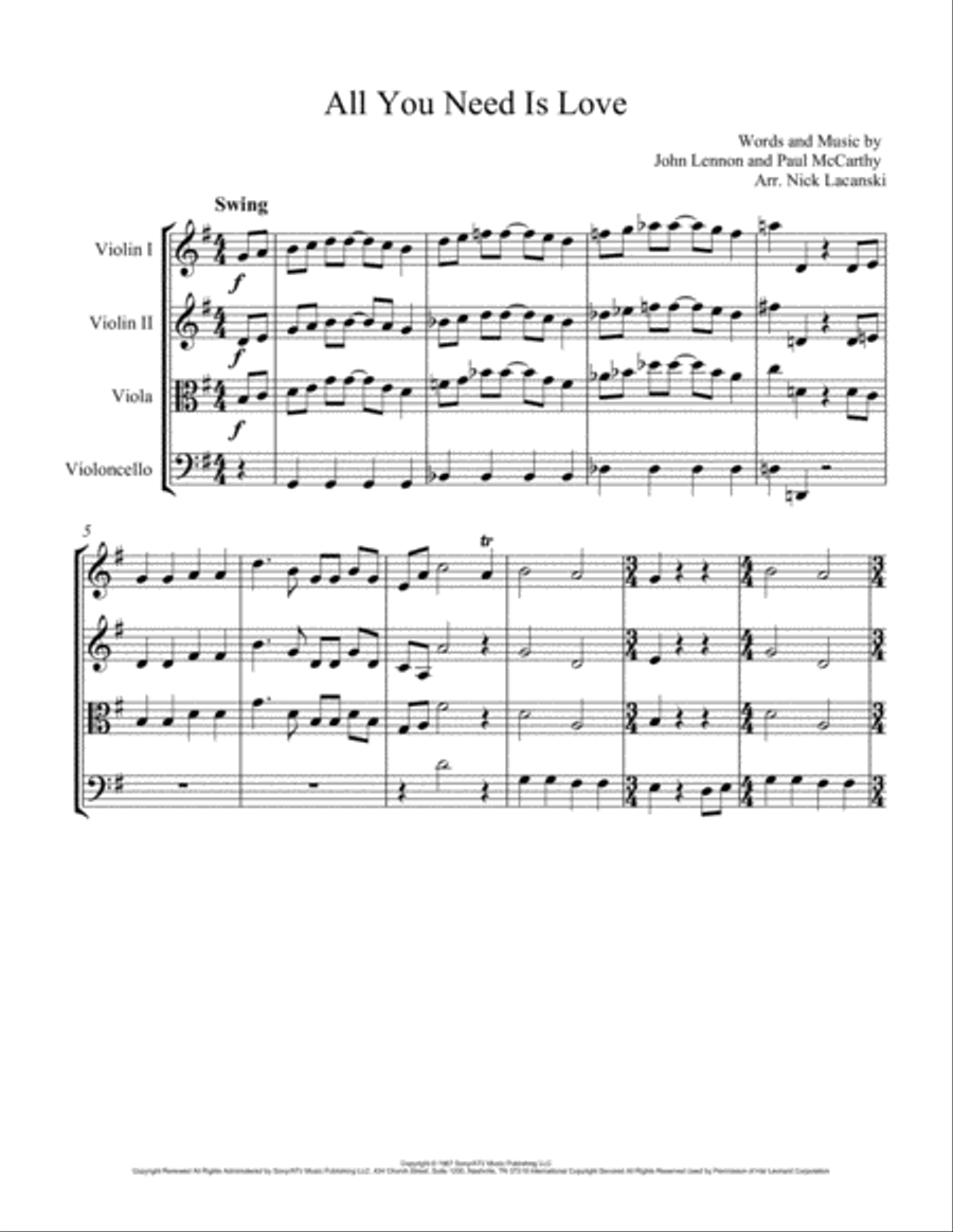 All You Need Is Love All You Need Is Love String Quartet scores gallery preview page 1