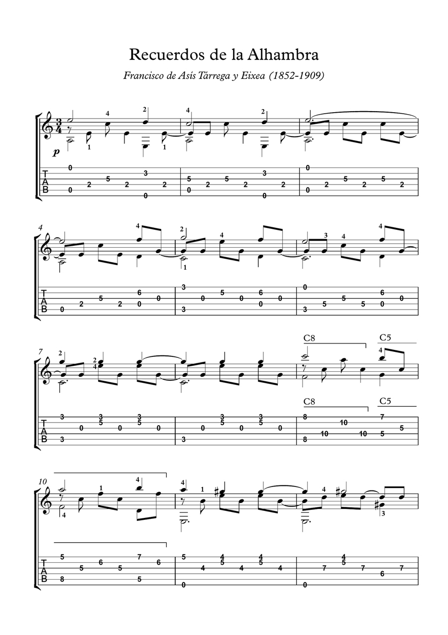 Recuerdos de la Alhambra no tremolo version Acoustic Guitar scores gallery preview page 1