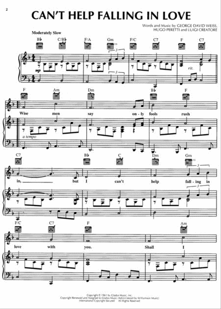 Can't Help Falling in Love Piano, Vocal, Guitar scores gallery preview page 2