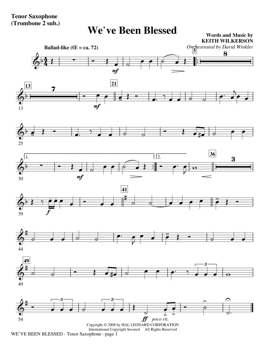 We've Been Blessed - Tenor Sax (Trombone 2 sub) Choir scores gallery preview page 1