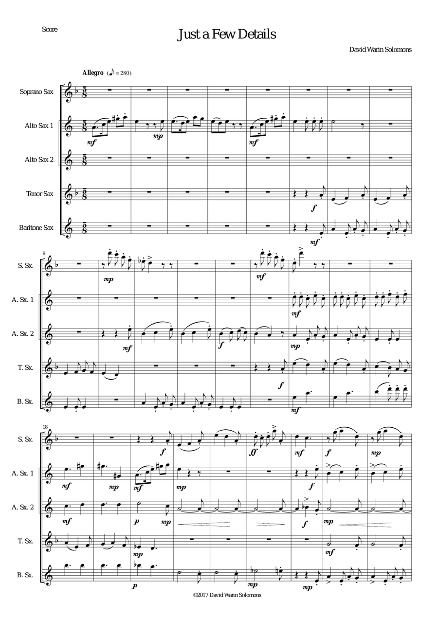 Just a Few Details for saxophone quintet (sop, 2 altos, tenor, bari) Saxophone Quintet scores gallery preview page 1